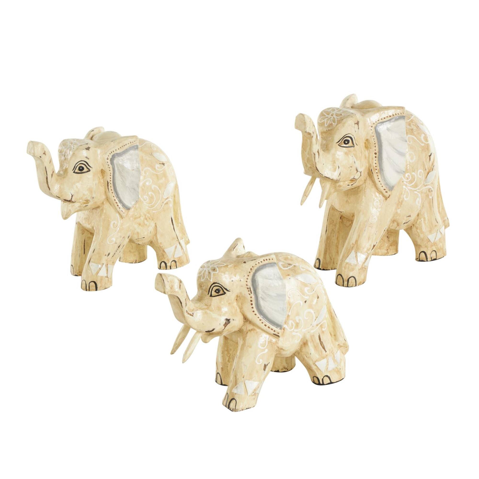 Light Brown Wood Elephant Handmade Sculpture Set, 3ct.